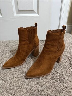 Women's Brown Suede Like Pointed Toe Heeled Slip On Ankle Booties Size 8.5